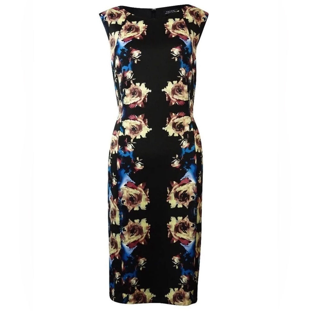 Tahari Elie Black Floral Print Sleeveless Cocktail Dress Women’s 2P 2 Petite